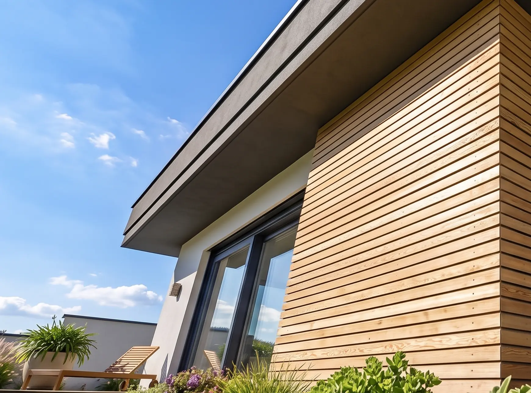 Holzfassade und große Verglasung des Sunset Bungalows mit Blick auf die Terrasse